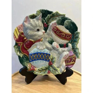 Vintage Fitz and Floyd Kristmas Kitty 9" Canape Plate Christmas Cat Ornaments